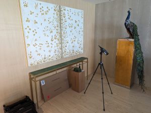 Acoustic testing equipment set up inside a residential living space