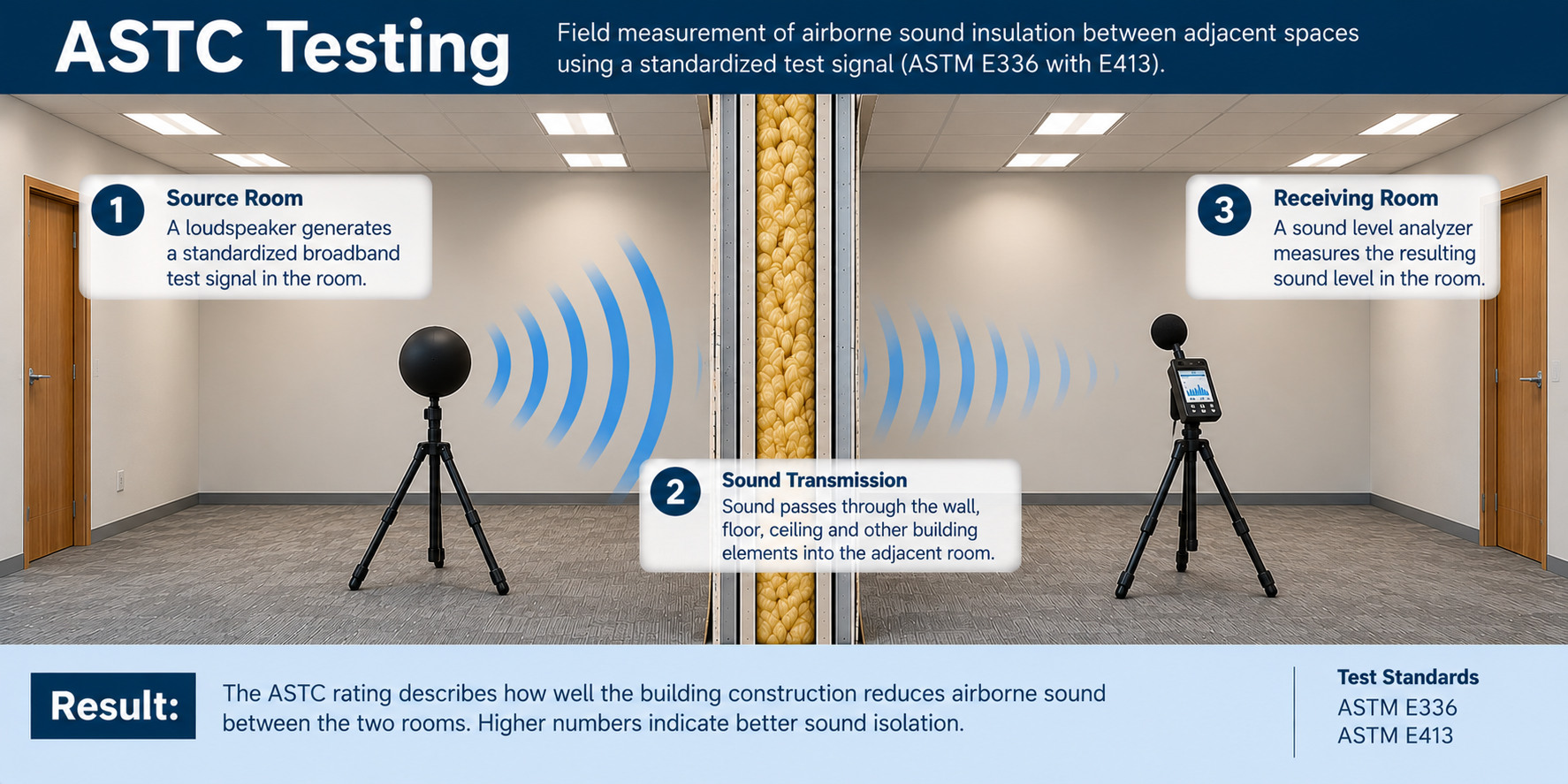 ASTC field sound isolation testing between adjacent rooms