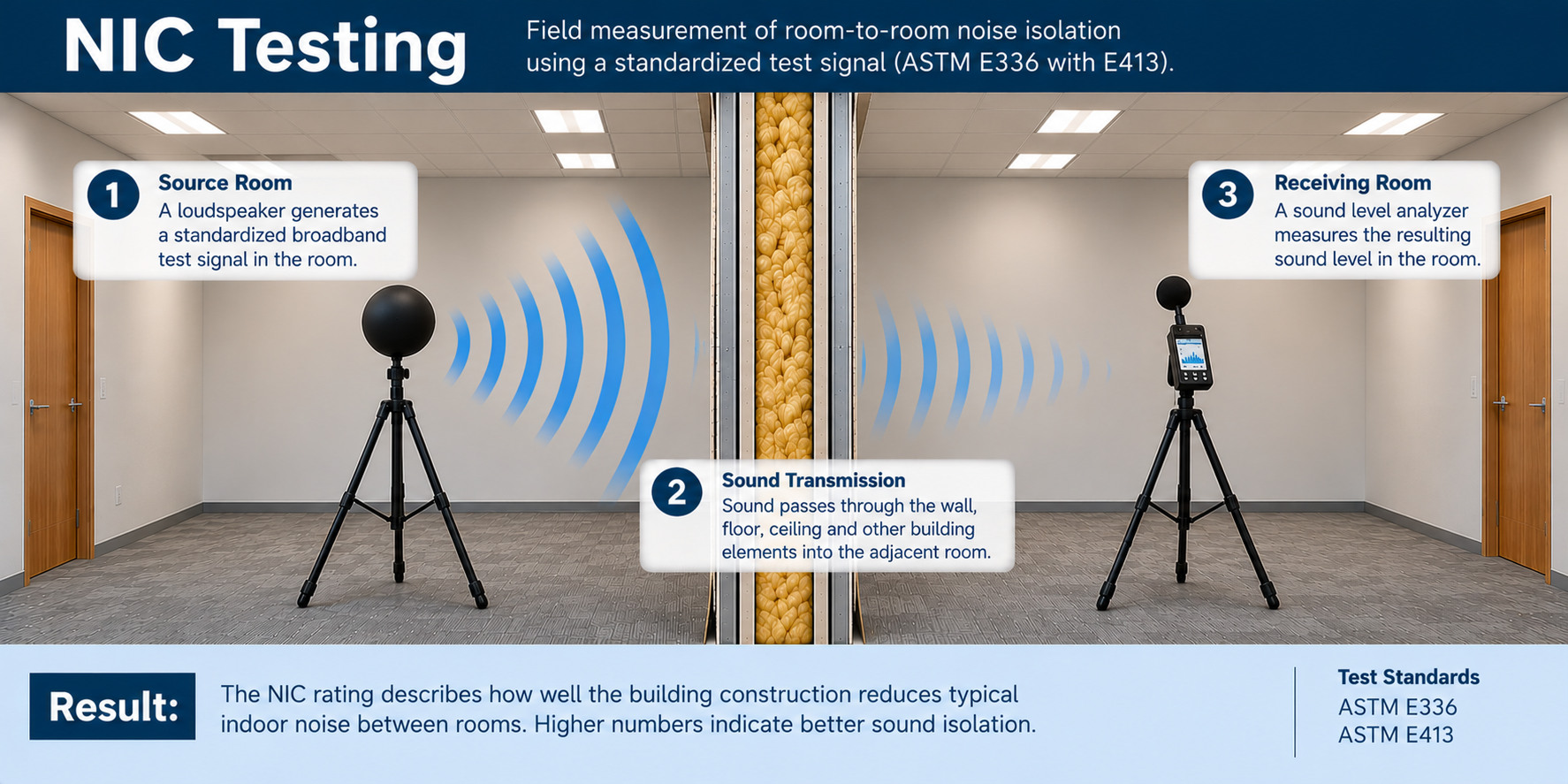 NIC airborne sound isolation testing between adjacent rooms
